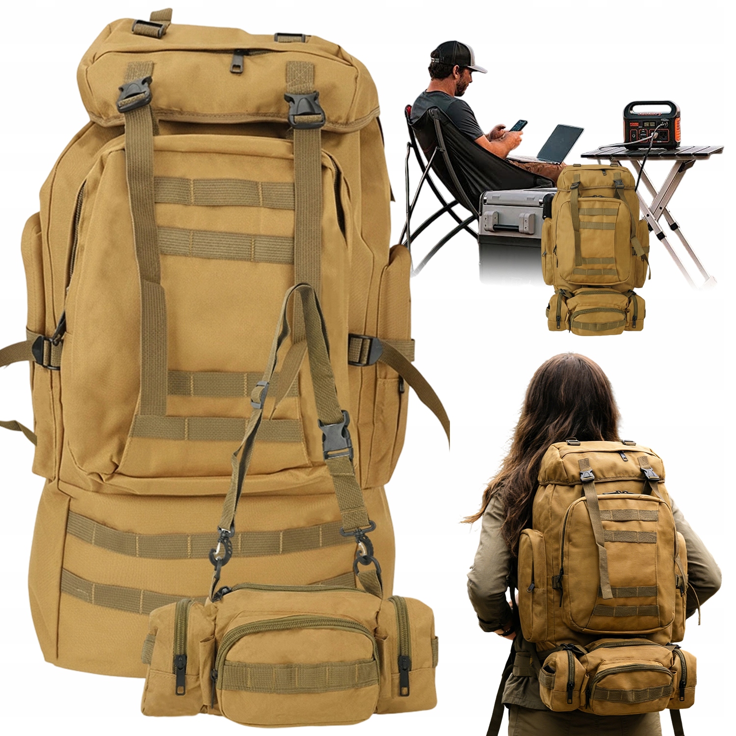 100L Plecak Trekkingowy Pojemny Wodoodporny Ergonomiczną Konstrukcją Khaki