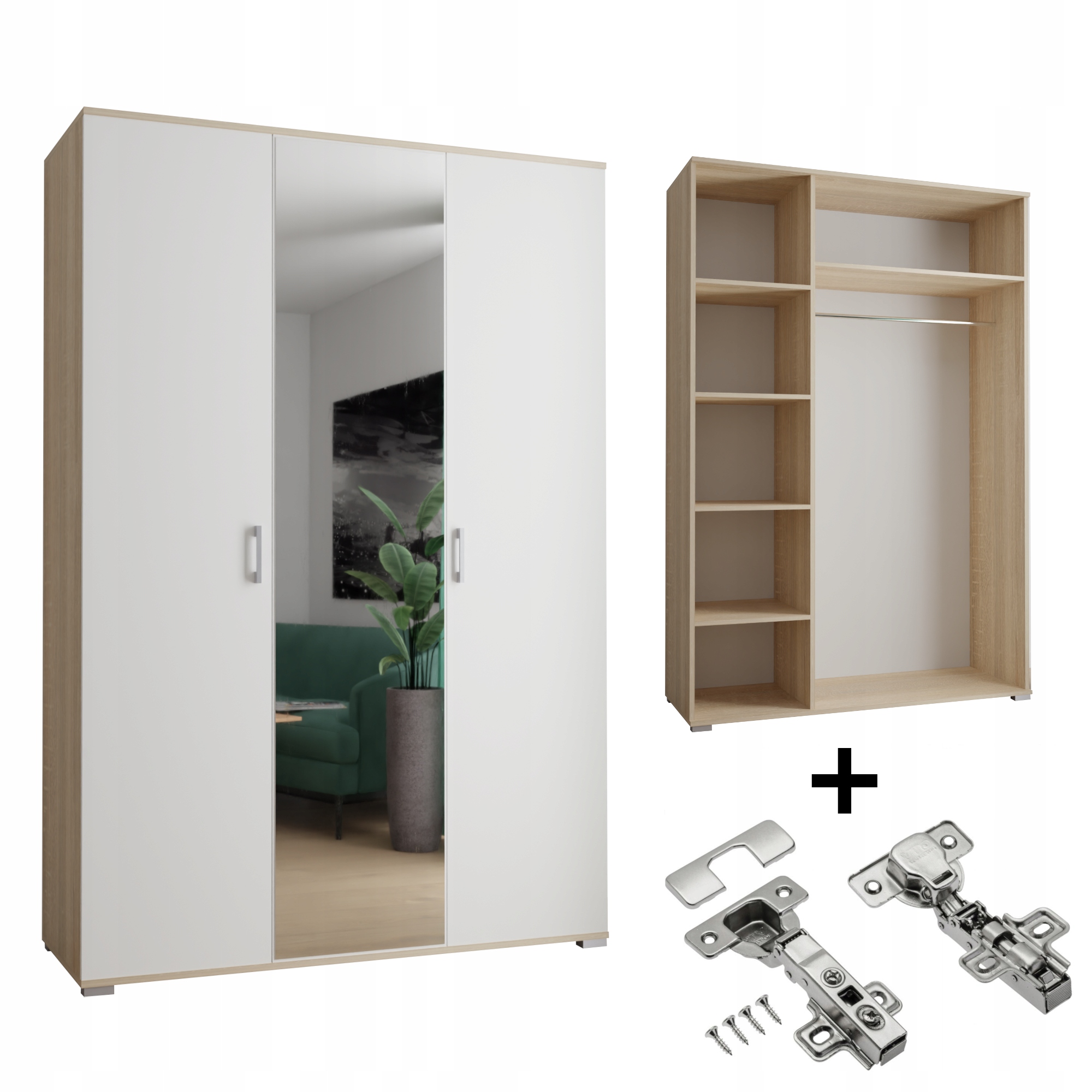 Skříň 3-D 120 x 192 x 52 cm Sonoma Bílá Zrcadlo S Tlumením Dovírání