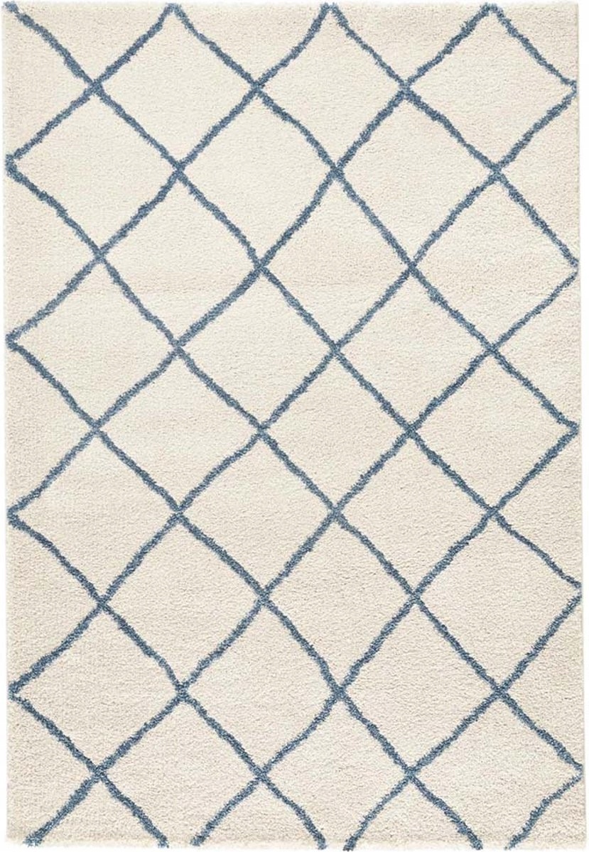 Krémovo modrý hrubý koberec typu shaggy, koberec do obývačky, vzor boho 160 x 230 cm