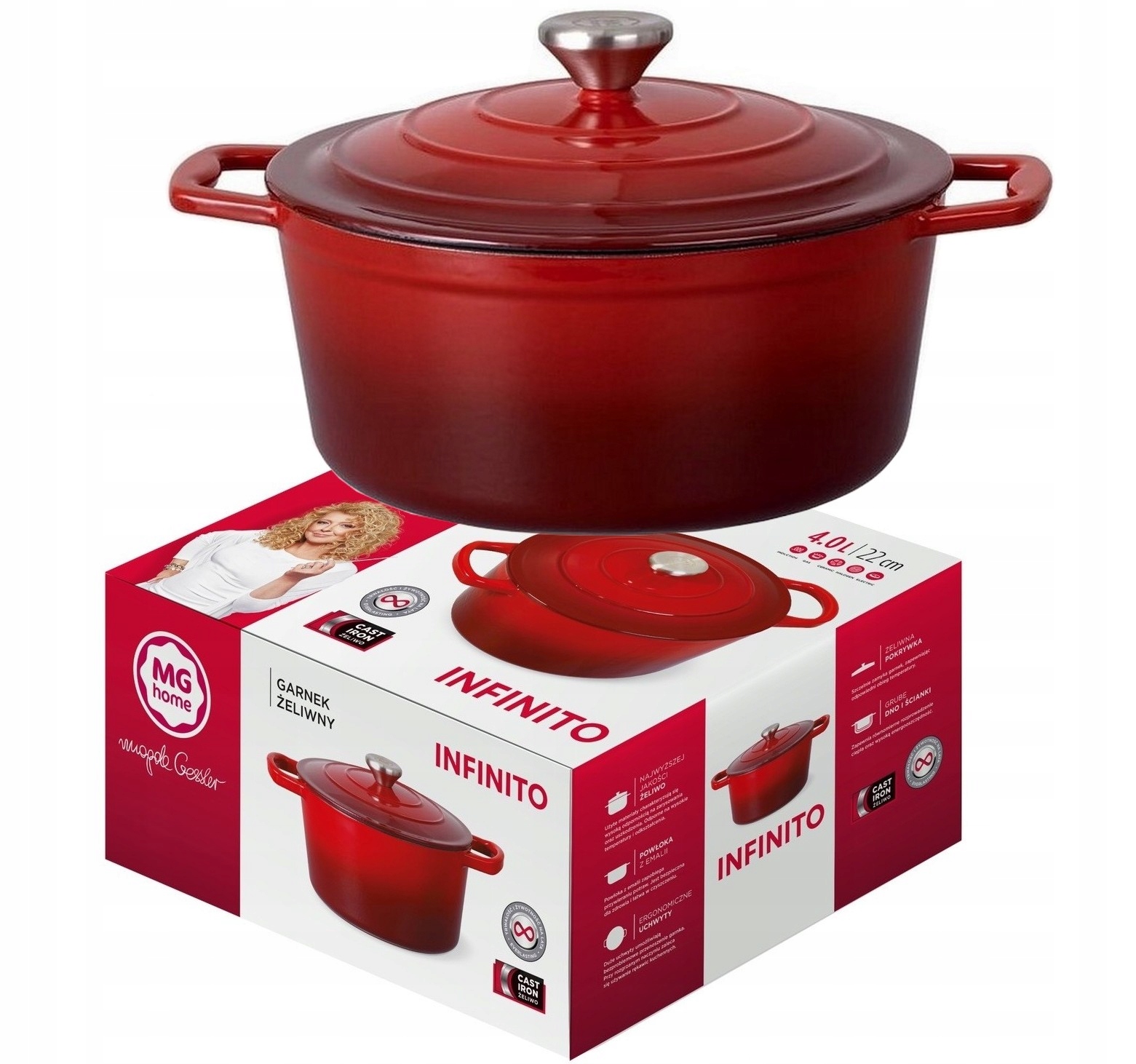 Mg Home Garnek żeliwny Infinito 4 L Z Pokrywką 22 cm emaliowany czerwony