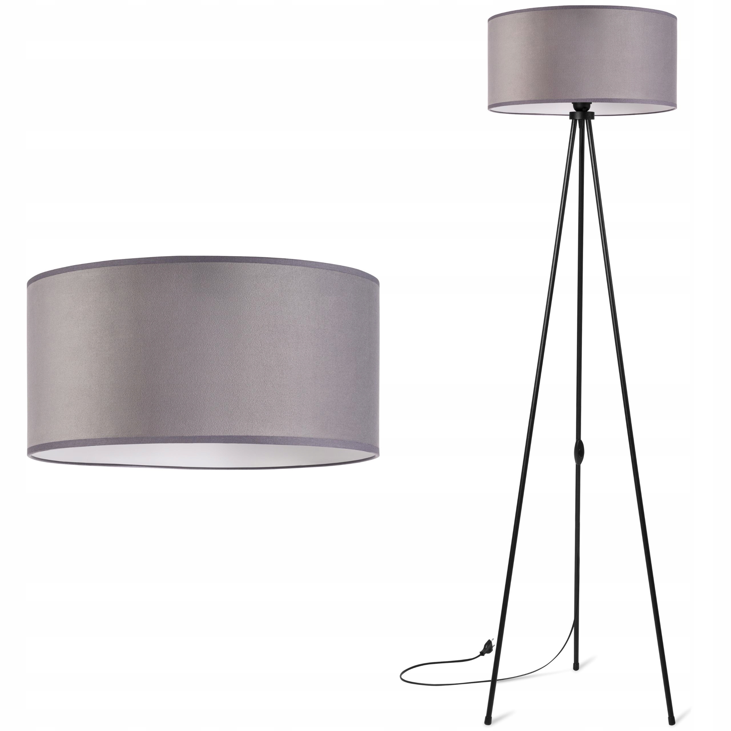 Lampa stojąca podłogowa Trójnóg Metalowy Abażur Welur szary
