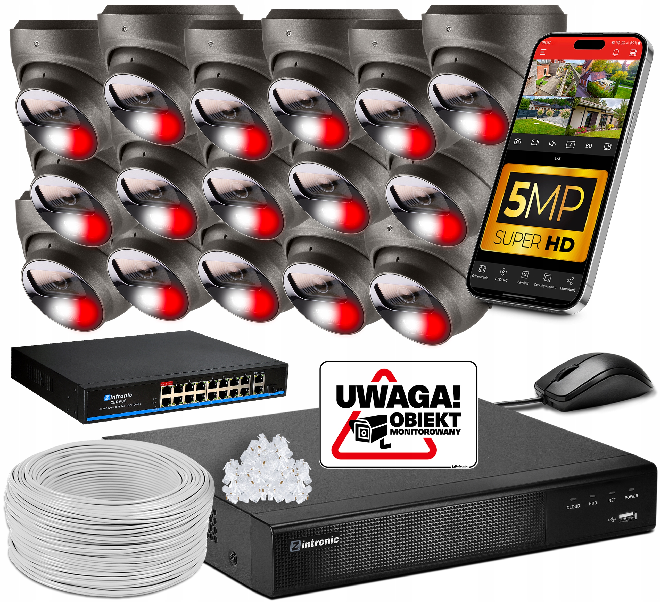 Sada Ip PoE Monitoringu 16 Kamer 5MPx Audio Detekce Bez Disku Switch