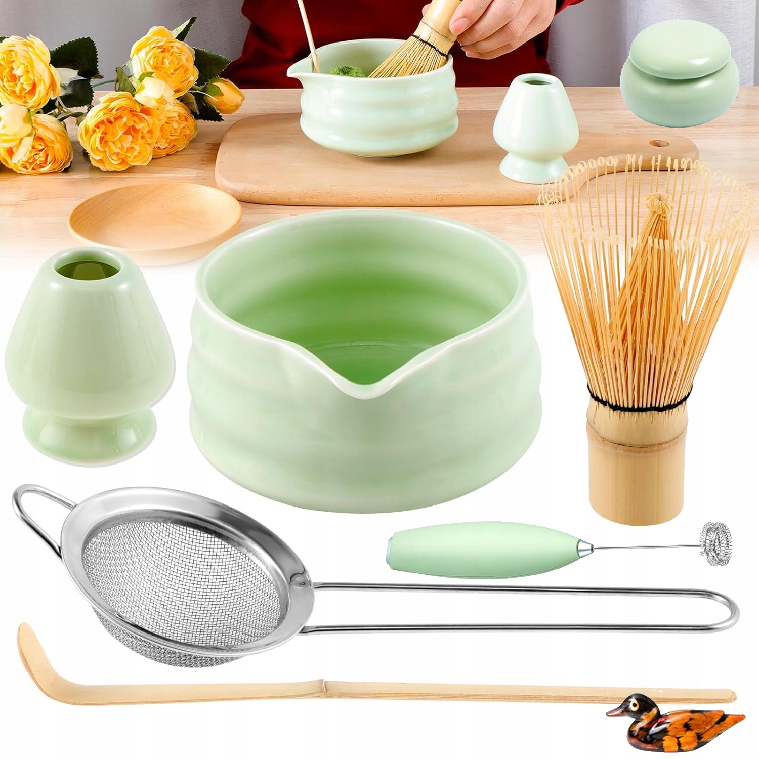 Levně Bambusová Metla Na Matchu 9 Kusů Metla Podložka Lžička Chashaku