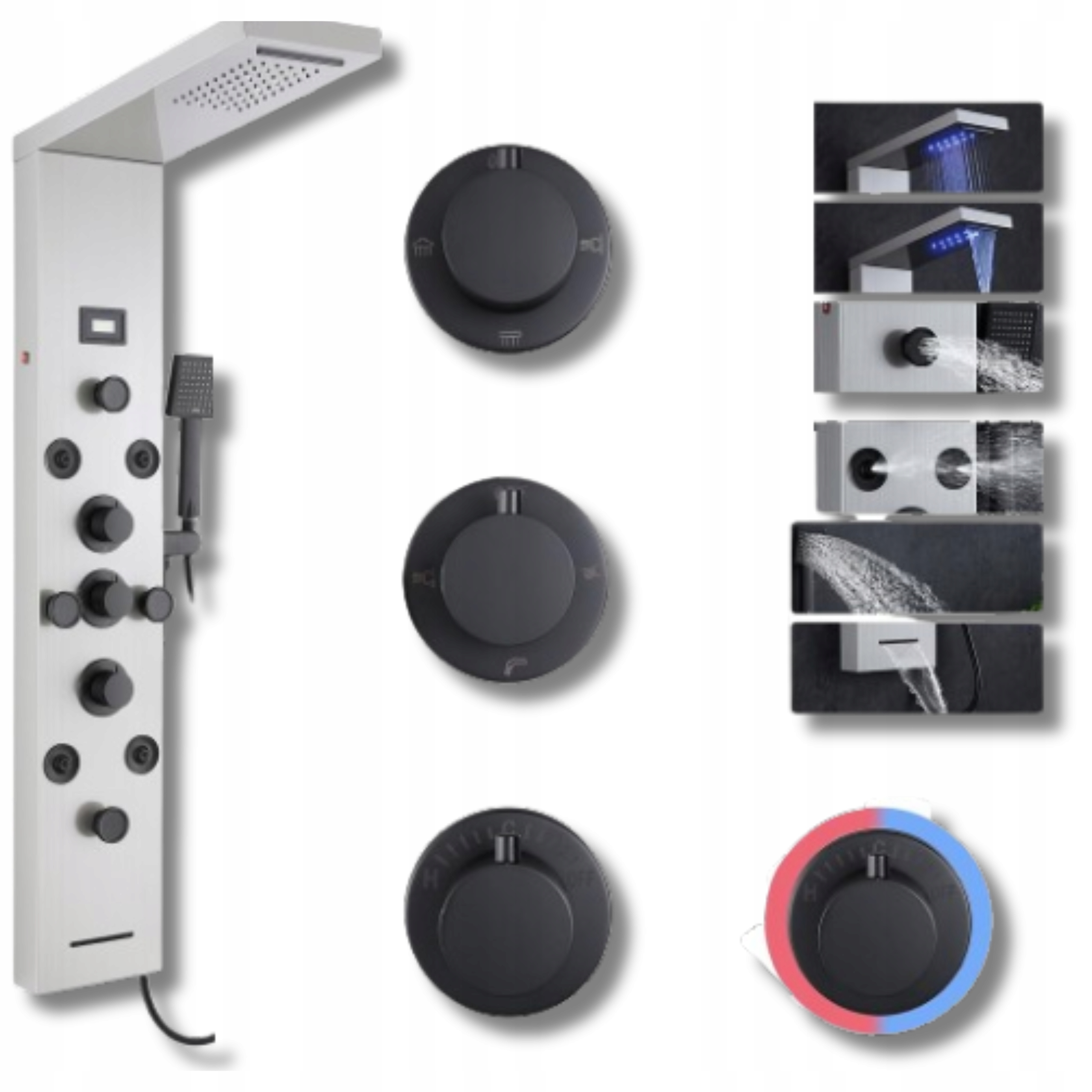 Sprchový panel strieborno-čiernej farby s masážnymi tryskami 6v1