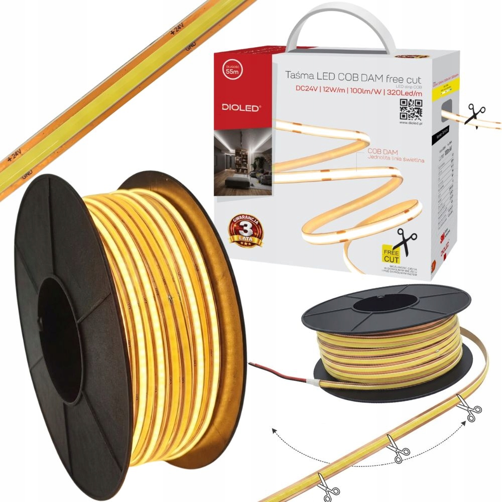 Taśma Led Cob ciepła 24V 55m 5W/m 500lm/m 3000K system Dam Free Cut