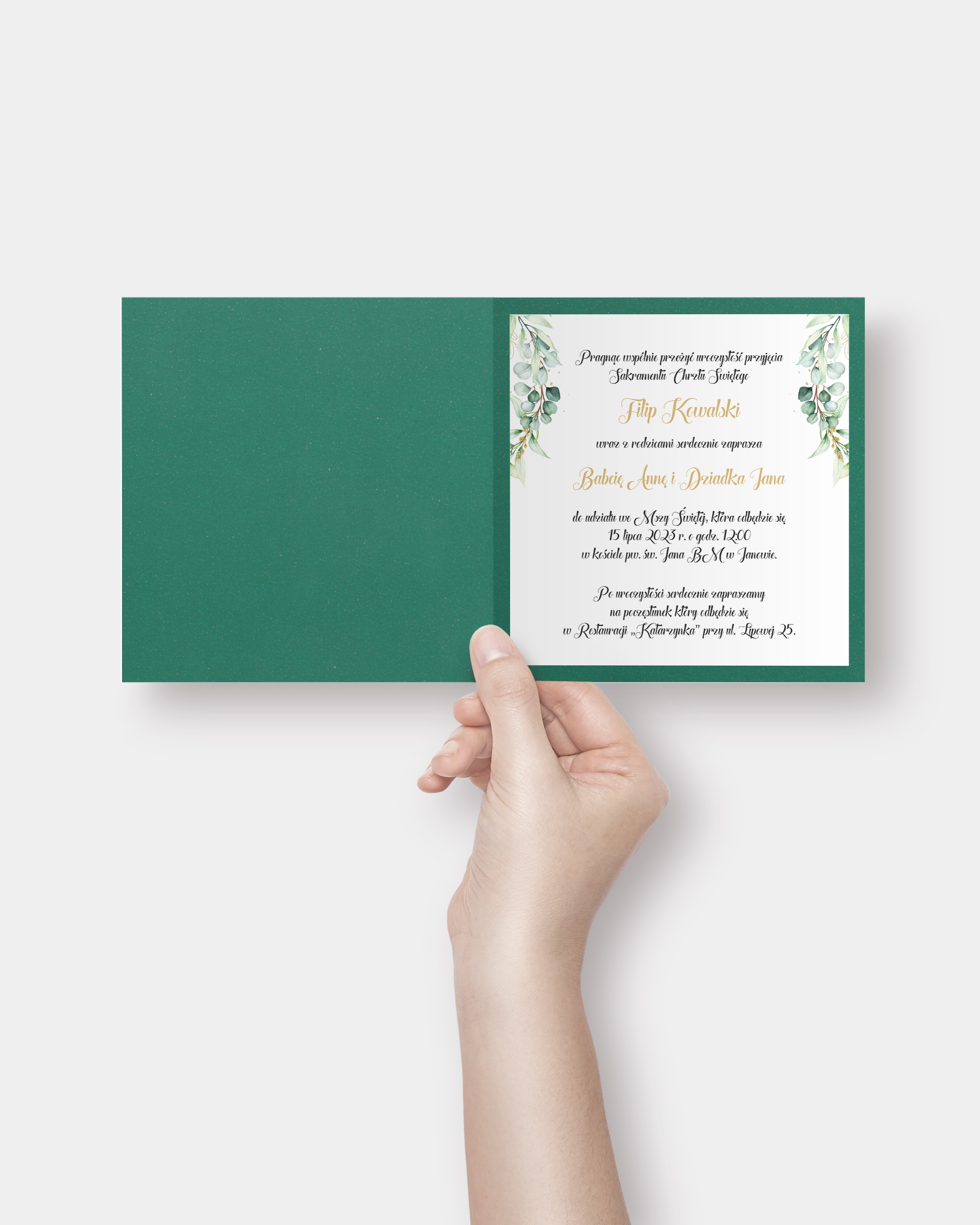 Zaproszenie na chrzest personalizowane z kopertą „Fairy Green” Rodzaj chrzest