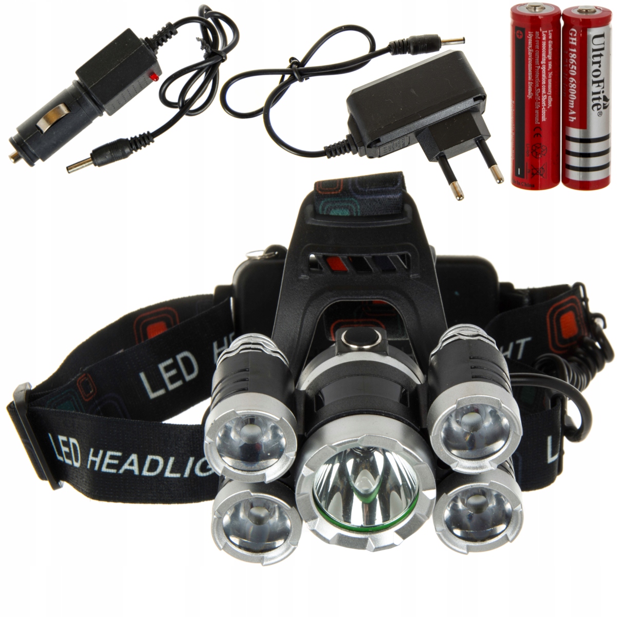 

Mocna Latarka Czołowa 5 x Led Cree Czołówka Aku