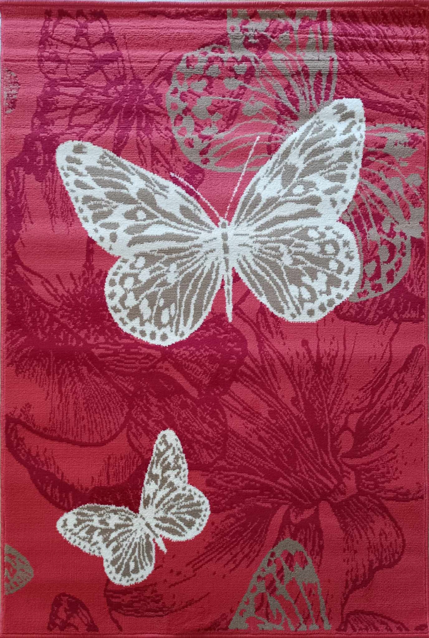 Detský koberec 120 x 170 cm, červeno-krémový s motýlikmi, mäkký, krátky vlas