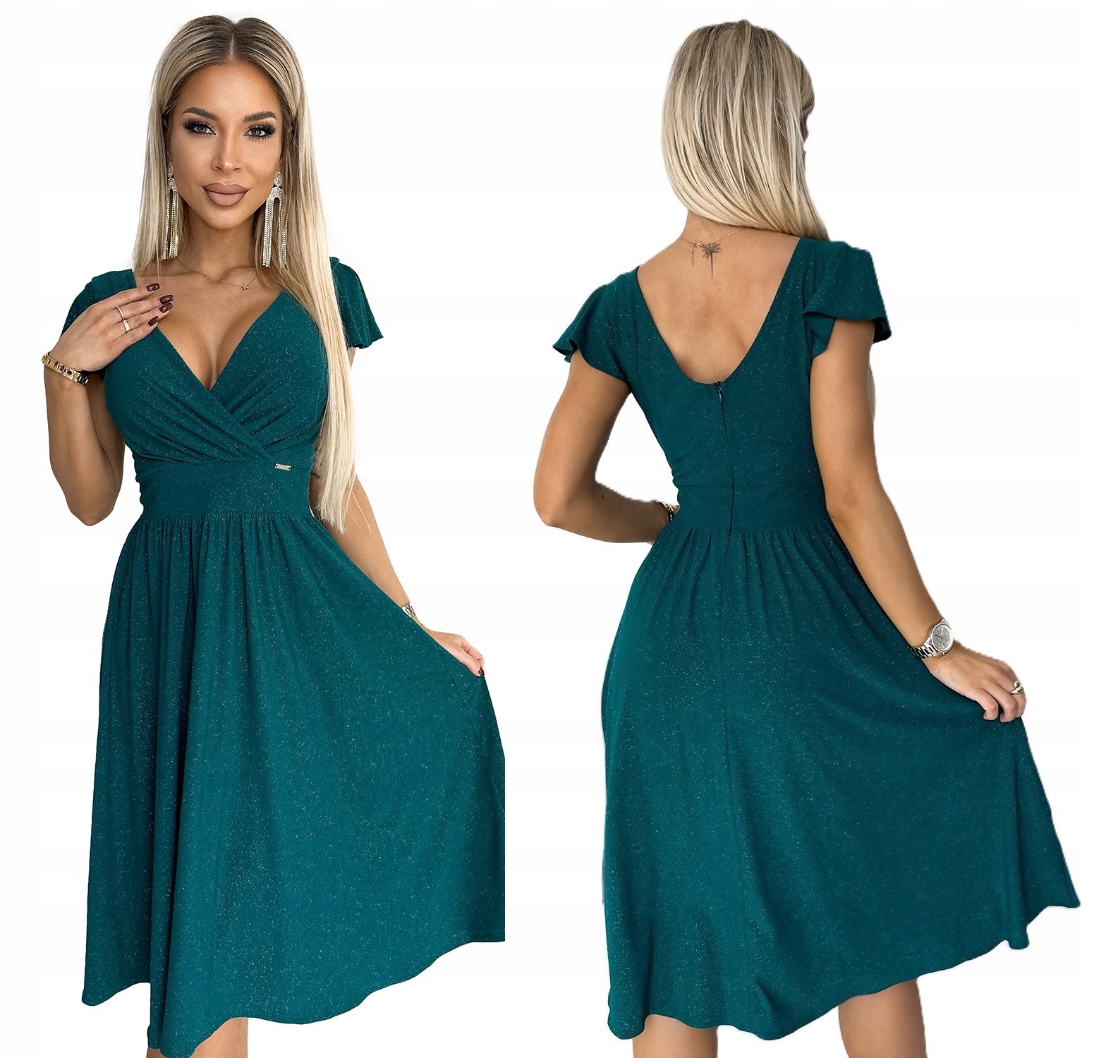 Ženské Šaty S Krátkým Rukávem Jarní Trend Zelené Se Třpytkami S