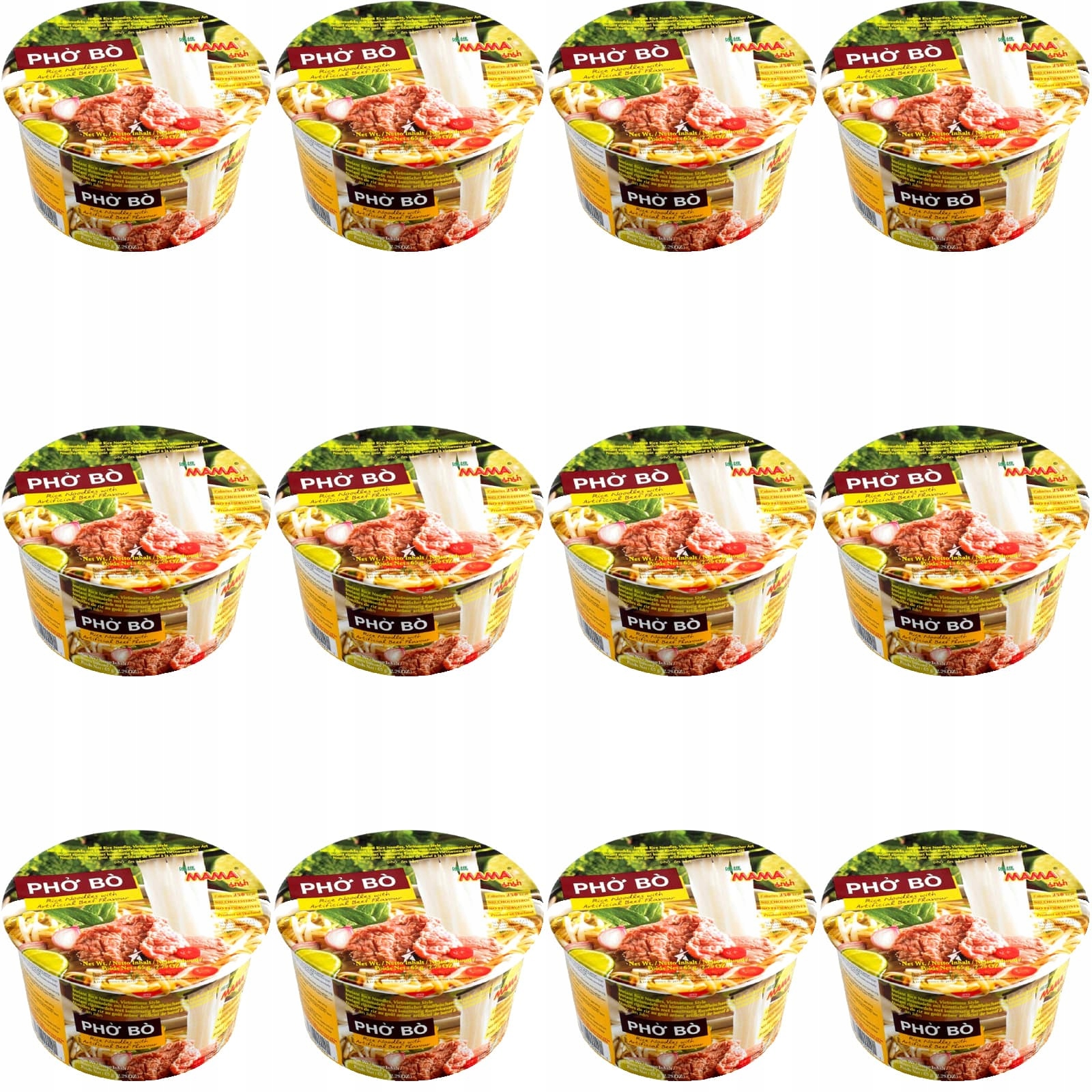 Karton Thajská polévka Rýžové těstoviny Příchuť Hovězí Pho Bo Cup 12 x 65g Mama