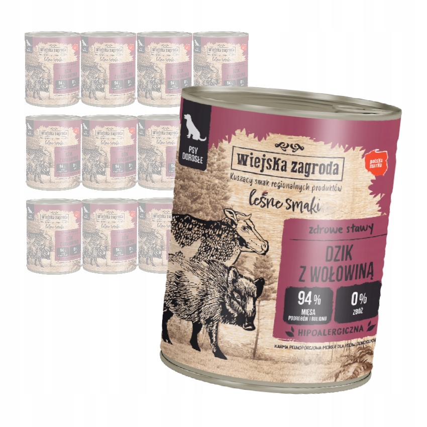 Wiejska Zagroda Lesní chutě Krmivo Mokré pro psy Divočák s hovězím masem 12x800g
