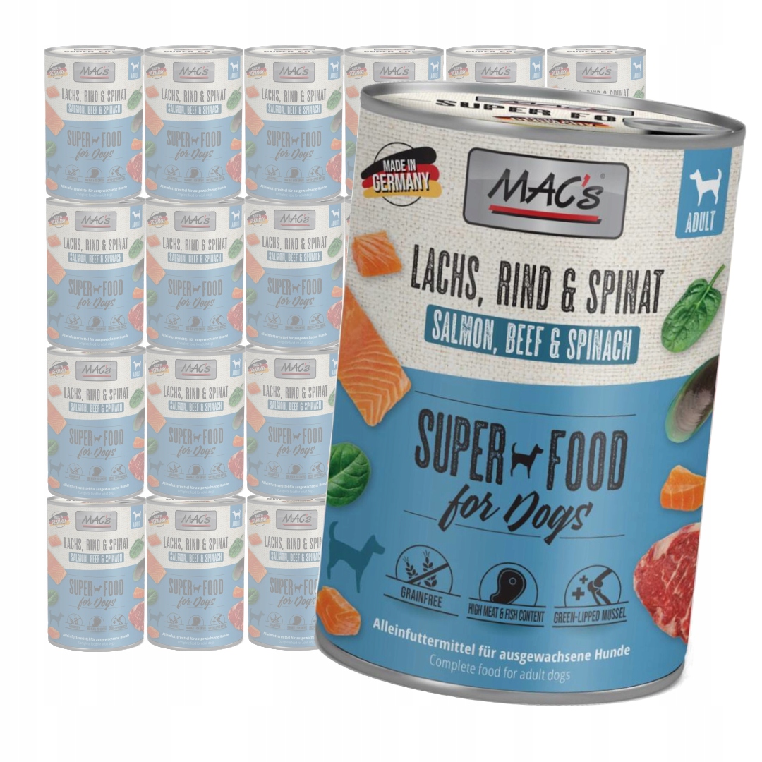 Levně MAC's Dog Bezobilné Vlhké Krmivo pro psy Losos Hovězí špenát 24x400g