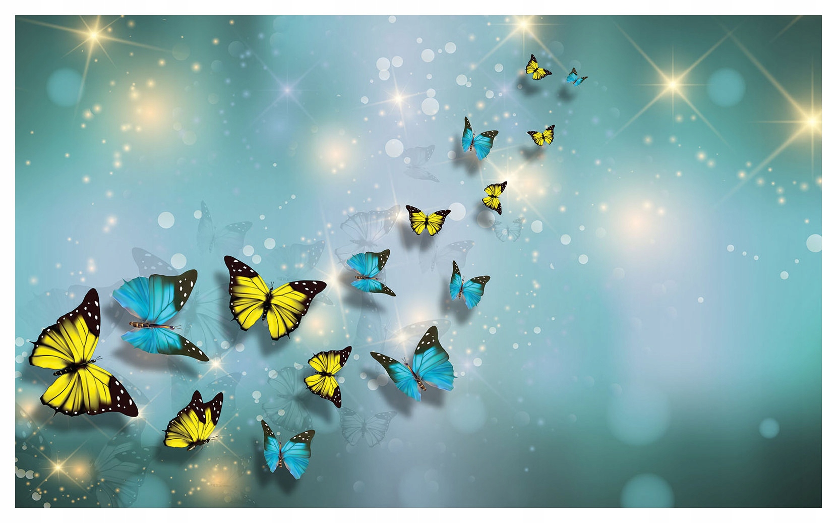 Fototapeta Žluto-černí a tyrkysoví motýli Tanec Bokeh 208x146 lepidlo