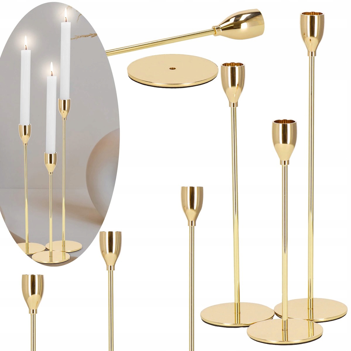 ŚWIECZNIK ZESTAW KOMPLET METALOWY DEKORACJA ZŁOTY DO ŚWIEC GLAMOUR 3 SZTUKI