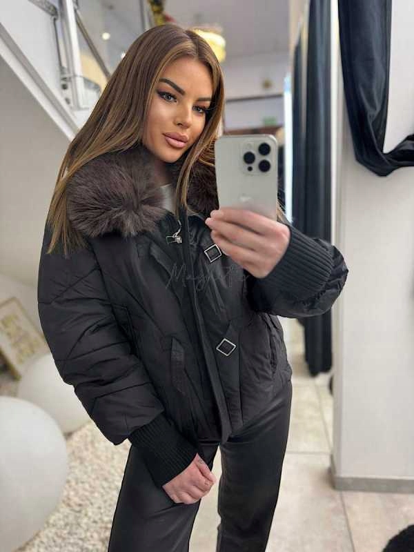 Dámská prošívaná zimní bunda černá bez kapuce kožešinový límec L/XL