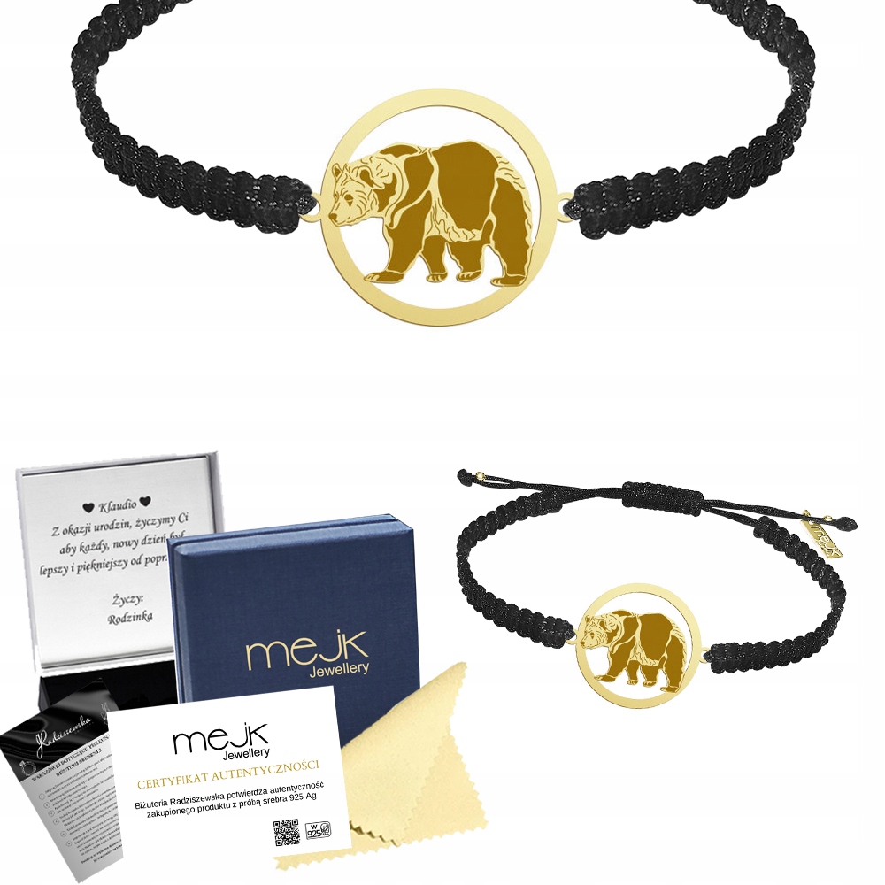 Zlatý náramek s medvědem 925 Makramé pro předškolačku Gravírování