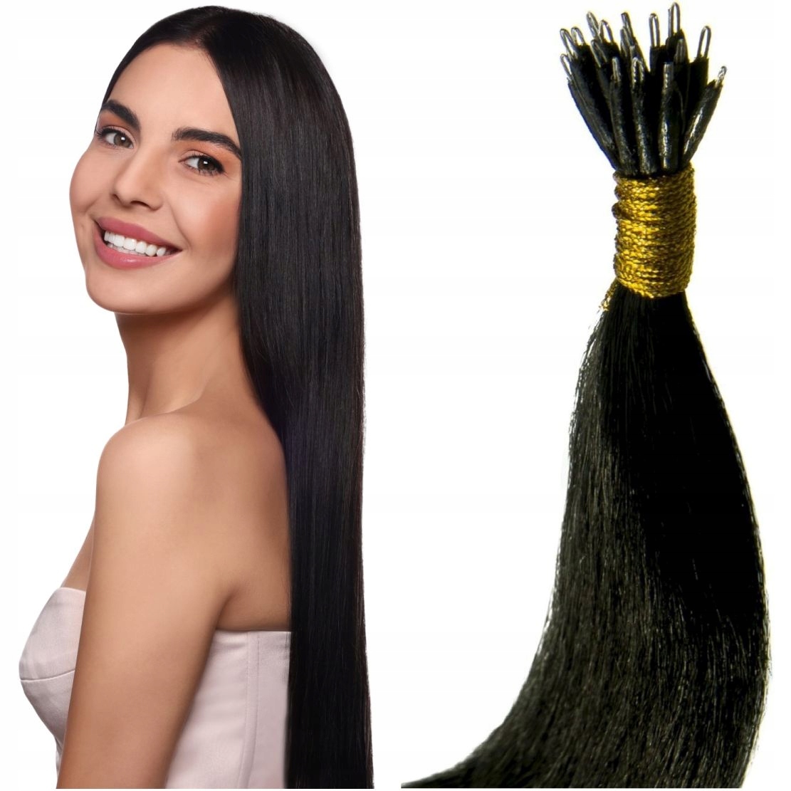 NANORINGI WŁOSY 100% NATURALNE NANO RINGI PASEMKA 50 CM czarny 1