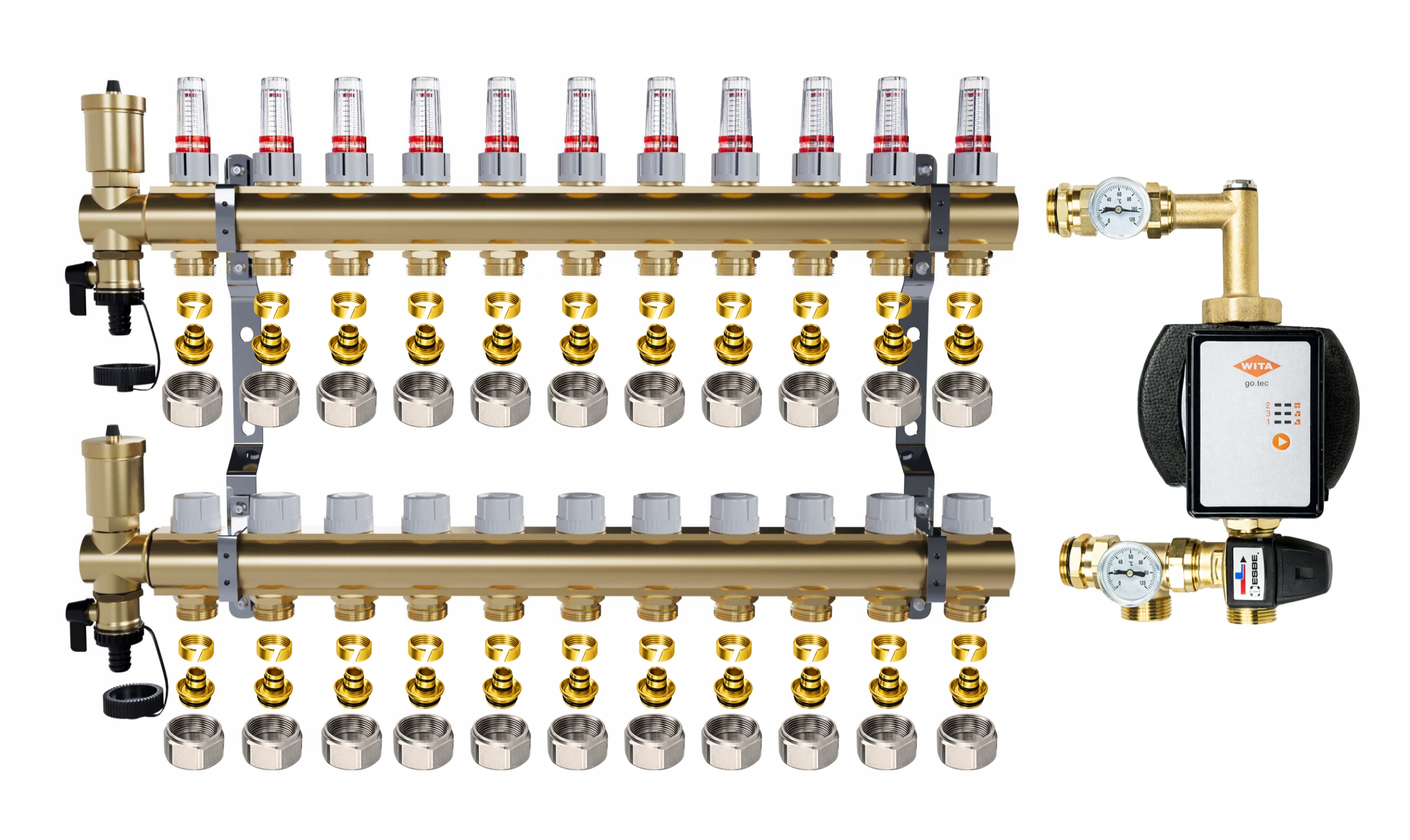 Rozdělovač pro podlahové topení 11 sekcí Spojky Pex Čerpadlo Wita