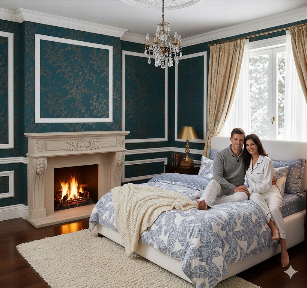 3dílná sada povlečení na peřinu z bavlny s motivem modrých listů a botanickými motivy, bílo-modrý podklad, 160×200