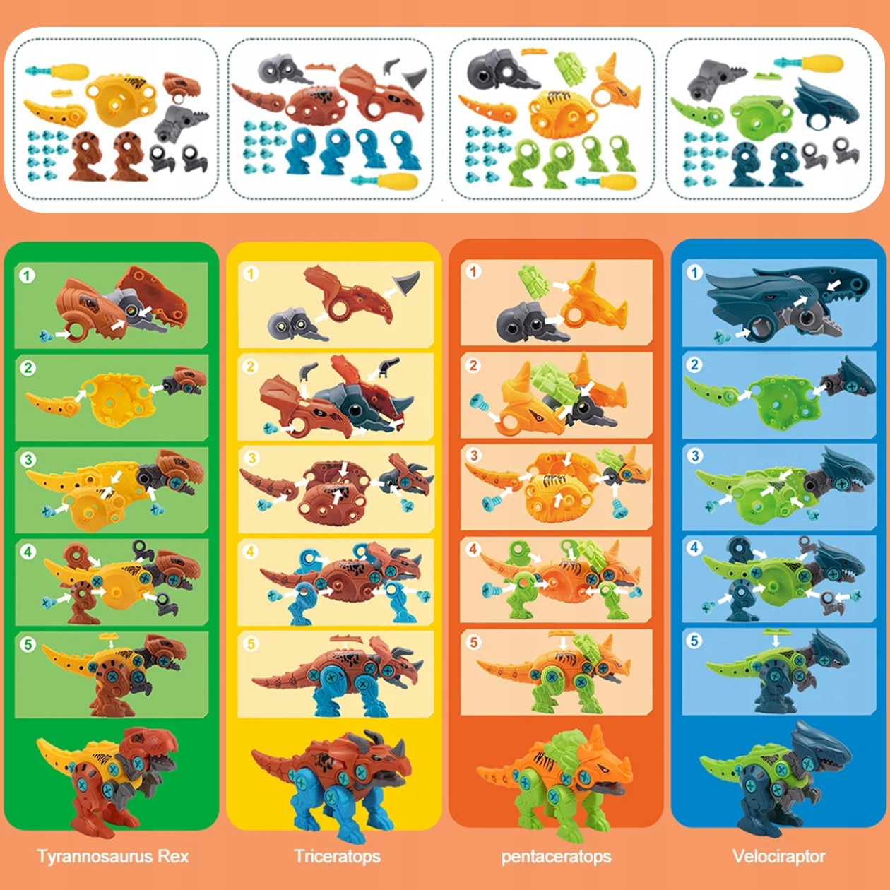 STAVEBNÁ SADA NA SKRUTKOVANIE, ODSKRUTKOVANIE, DINOSAURY, BLOKY, SKRUTKOVAČ Séria 111564