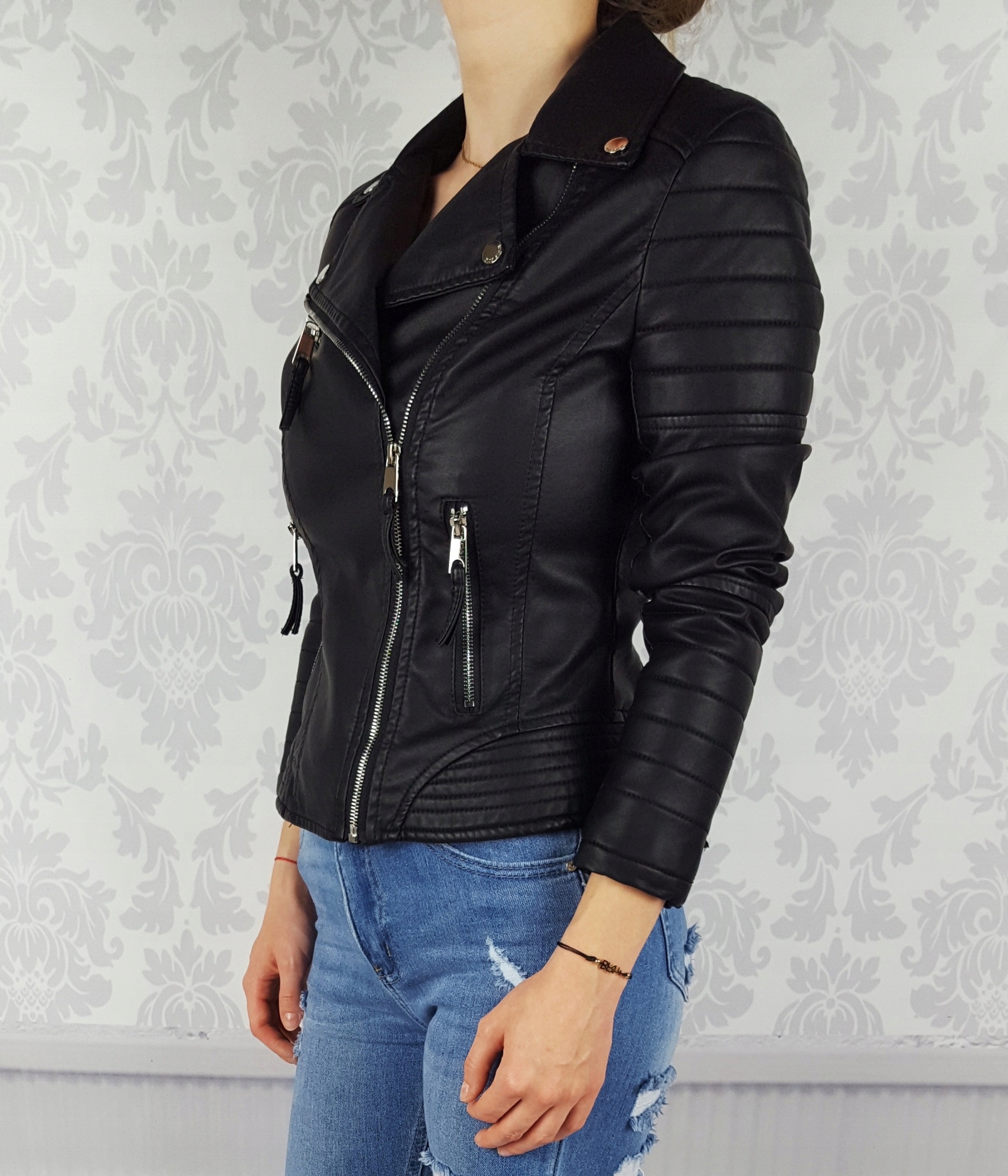 #DAMSKA KURTKA SKÓRA RAMONESKA ZAMKI BIKER BLACK# Rozmiar 7XL