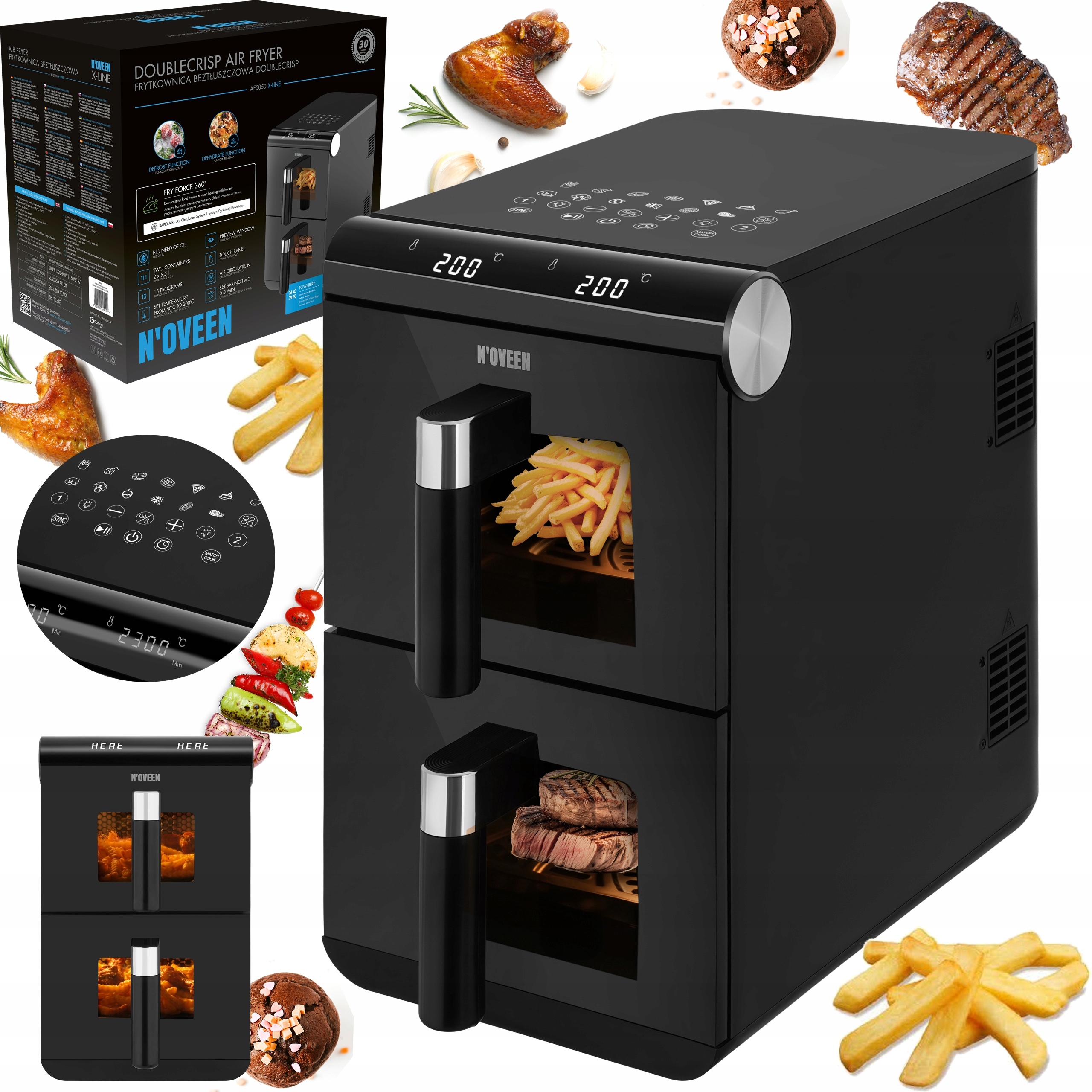Frytkownica Beztłuszczowa Frytownica 2x5,5L Dwukomorowa Led Air Fryer