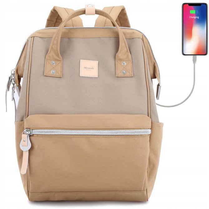 Plecak damski miejski Himawari HM1881 na laptopa 13,3 Usb kawa-camel