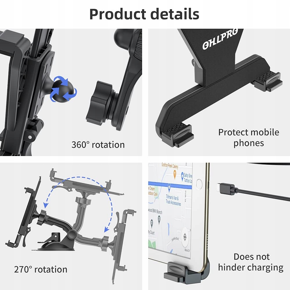 OHLPRO Uchwyt Samochodowy Na Tablet 360° Do iPad Samsung Huawei 6-11 Cal — miniatura 5