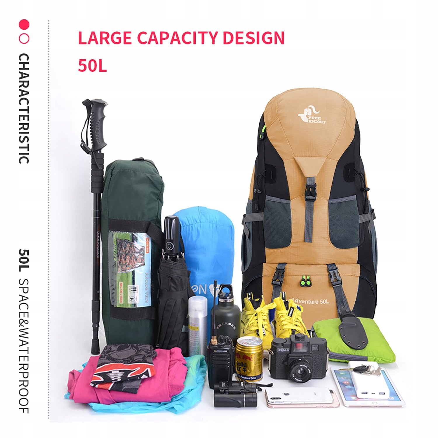 Bseash 50L Lekki Wodoodporny Plecak Turystyczny, Outdoor GOLD — miniatura 9