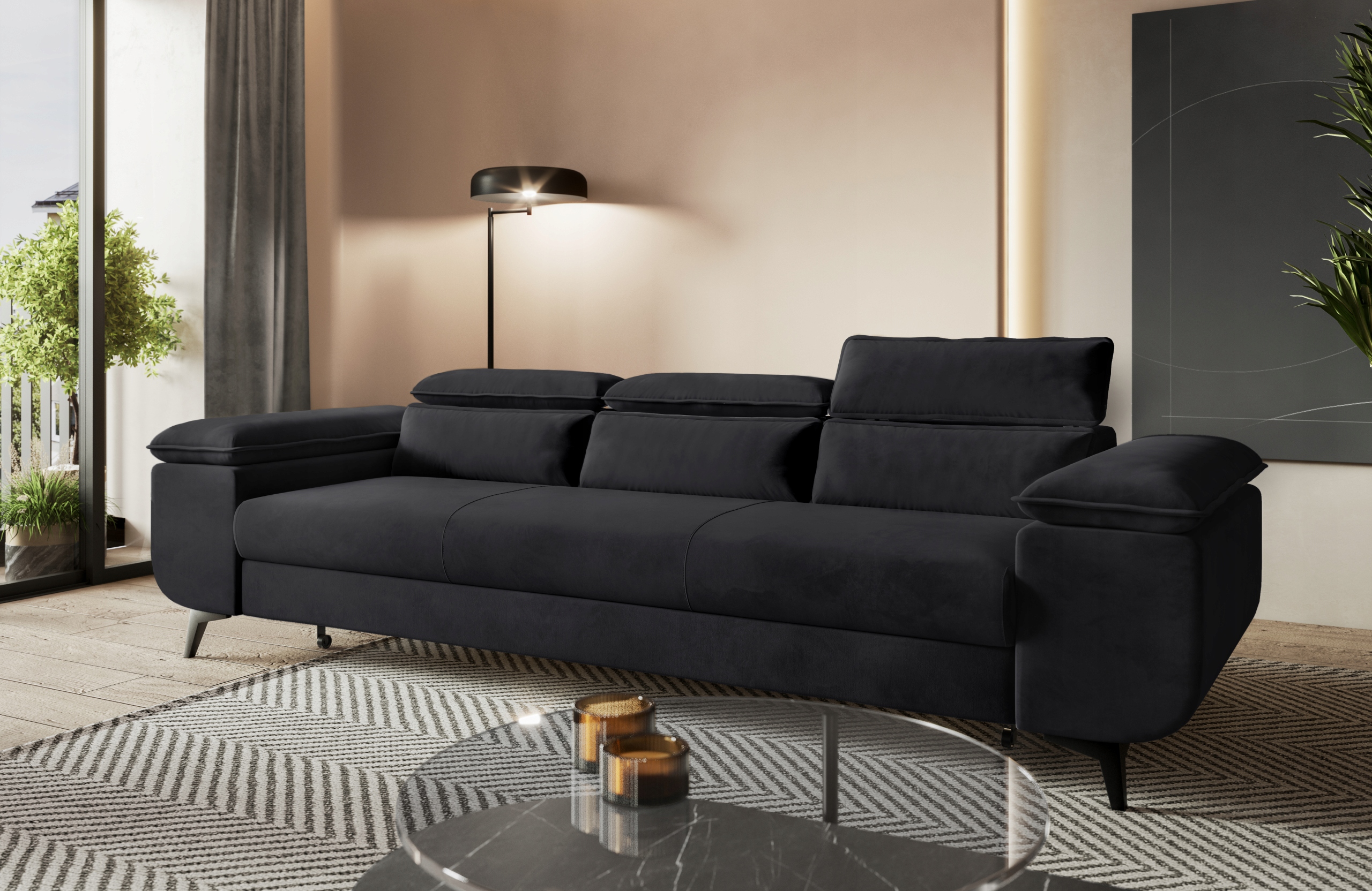 Pohovka s funkcí spaní Flat s nastavitelnými opěrkami hlavy, grafitový velur