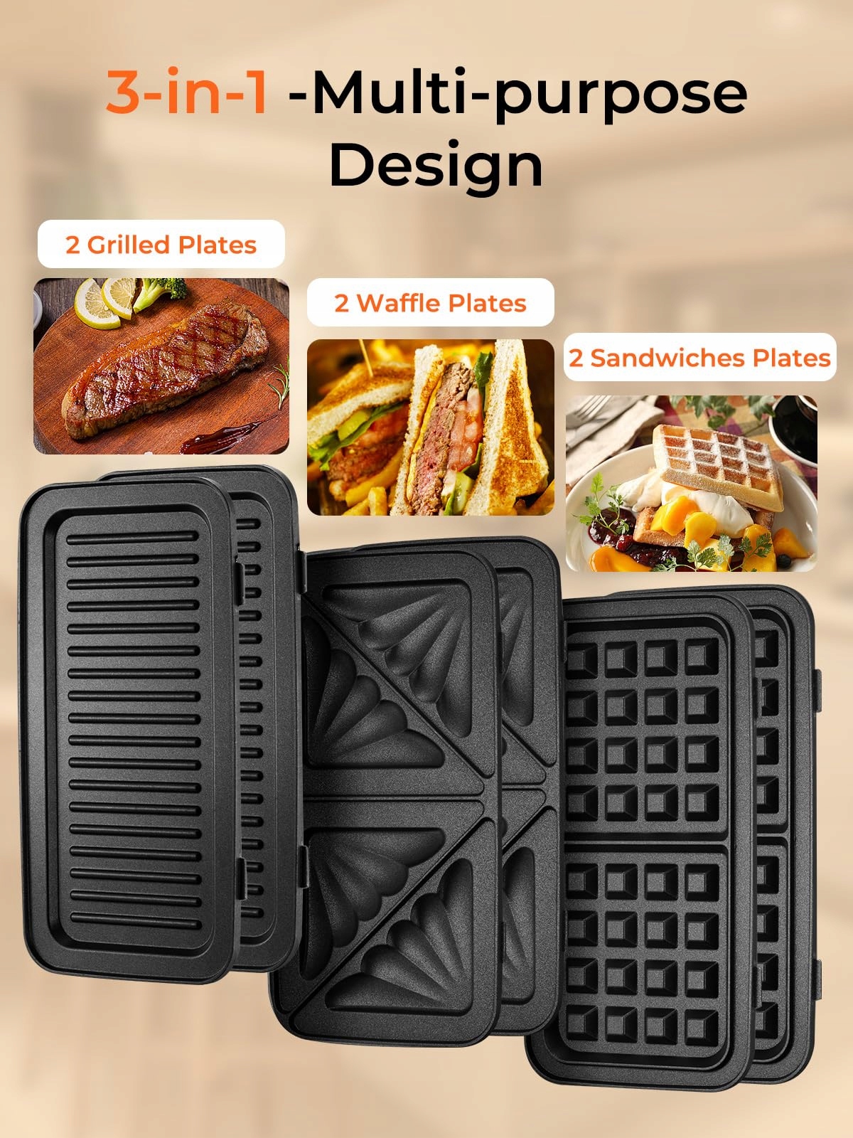 SANDWICHMAKER 3W1 GOFROWNICA GRILL KONTAKTOWY 1200W ANTYPOŚLIZGOWY — miniatura 3
