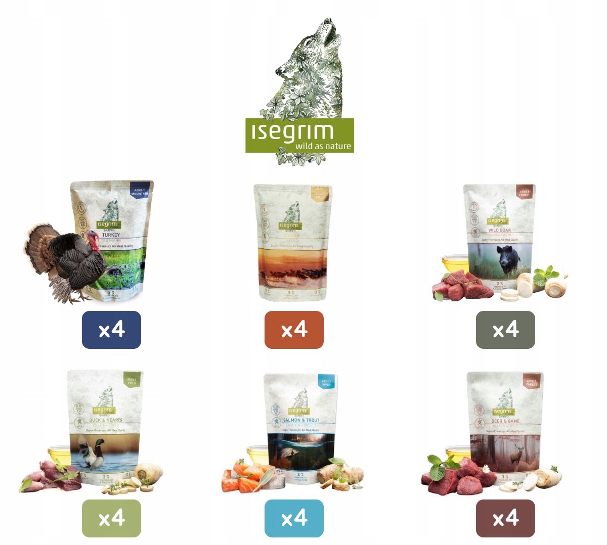 Levně Isegrim Premium mix chutí Vlhké krmivo pro psy Adult 24x410 g