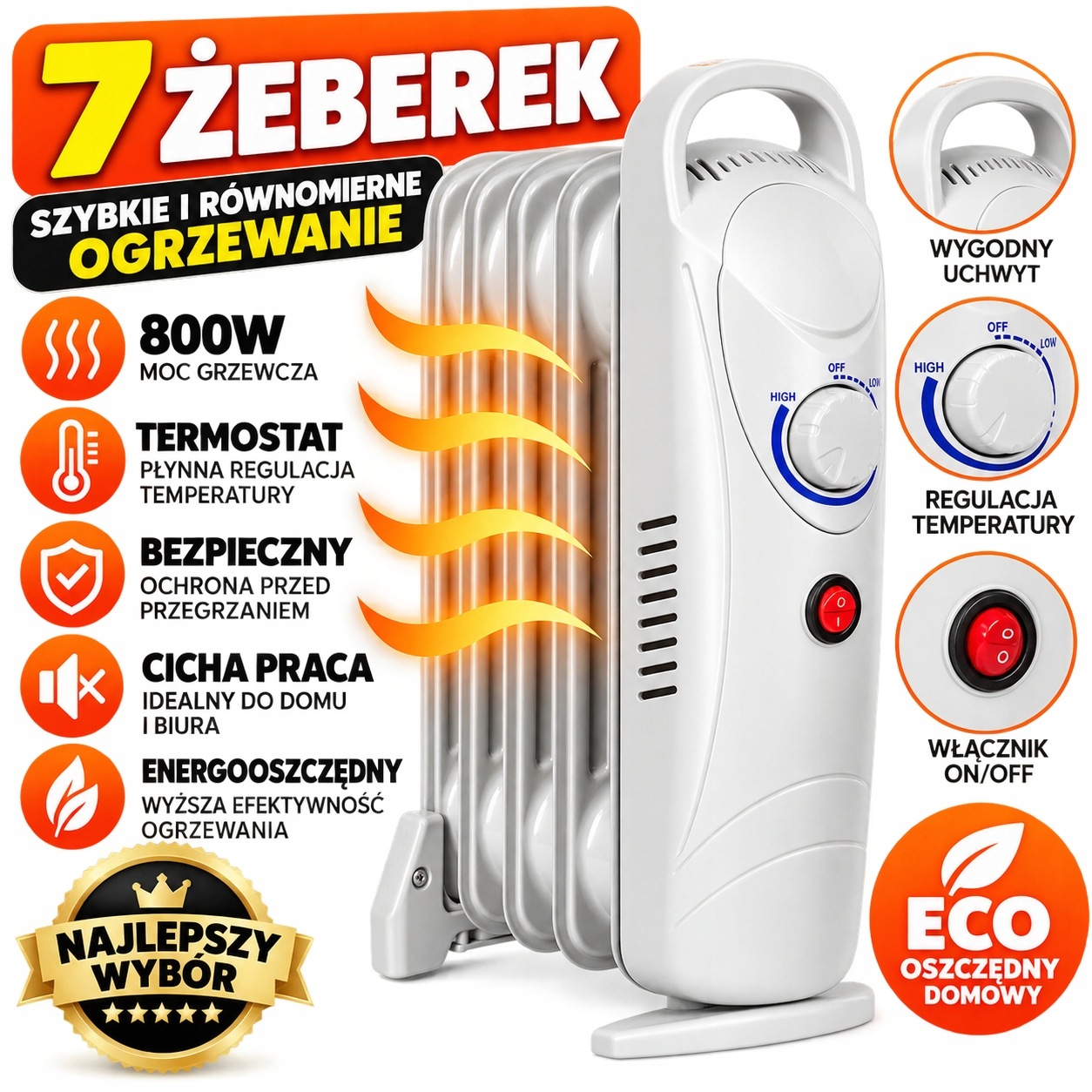 Olejový radiátor 7 žeber na Hustý olej 800W elektrický žebrový