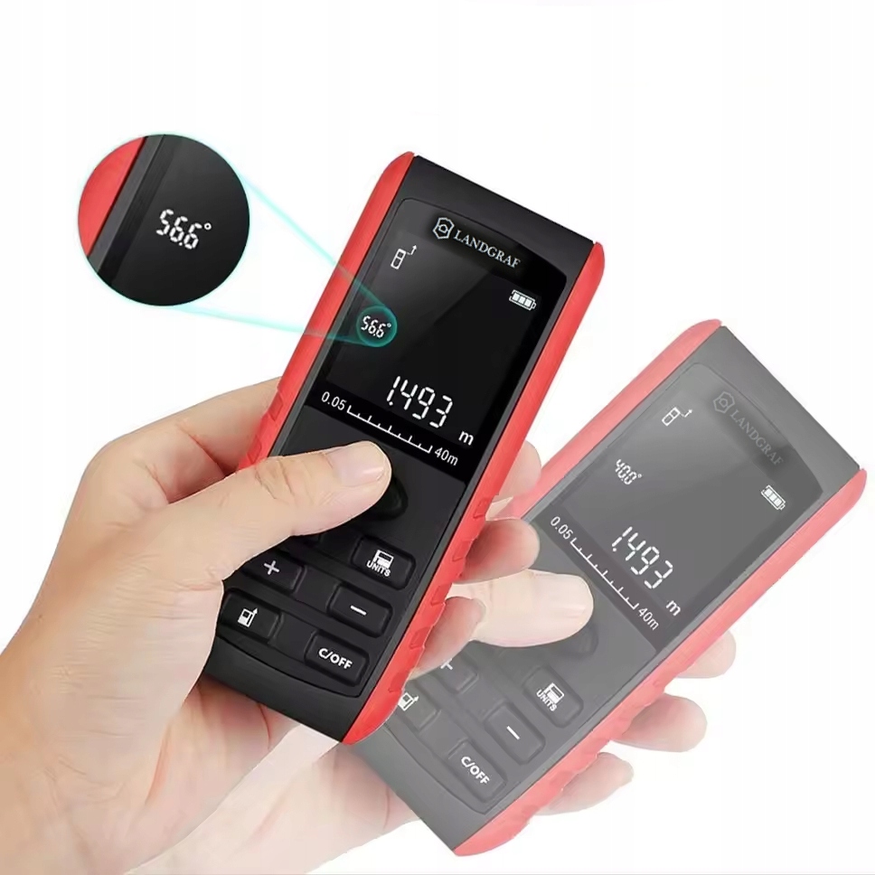 DALMIERZ LASEROWY CYFROWY MIERNIK 40m POMIAR PAMIĘĆ LCD POZIOMICA LASEROWA Marka LANDGRAF