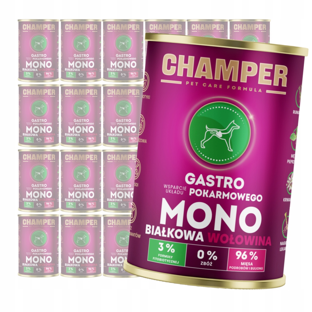 Levně Champer Gastro 24x400g Monoproteinové Vlhké Krmivo pro psy s hovězím masem