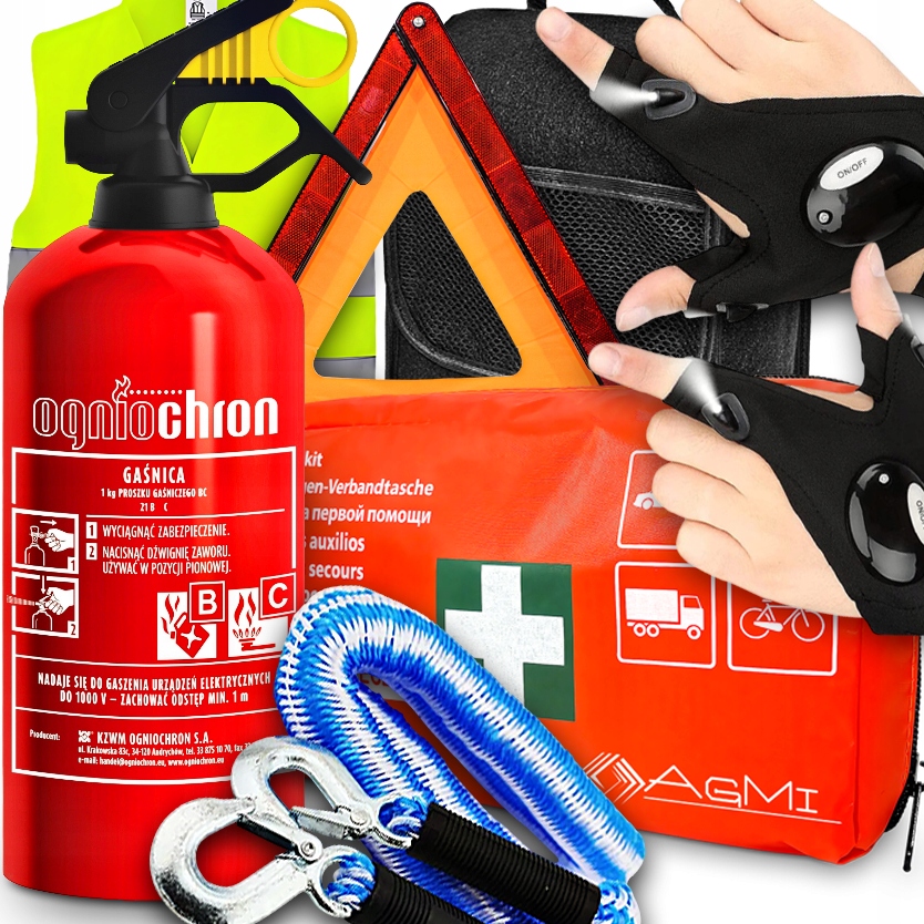 Hasicí Přístroj 1 Kg Lékárnička DIN13164 Rukavice Led Lanko Vesta Trojúhelník Taška