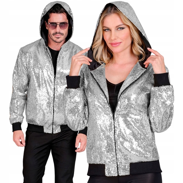 Stříbrná Flitrová Bunda Bomber Kapuce Mikina Unisex Zábava Party S/m