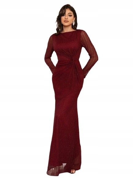Shein Bordó Elegantní Šaty S Dlouhým Rukávem A Řasením 36 1 Kd