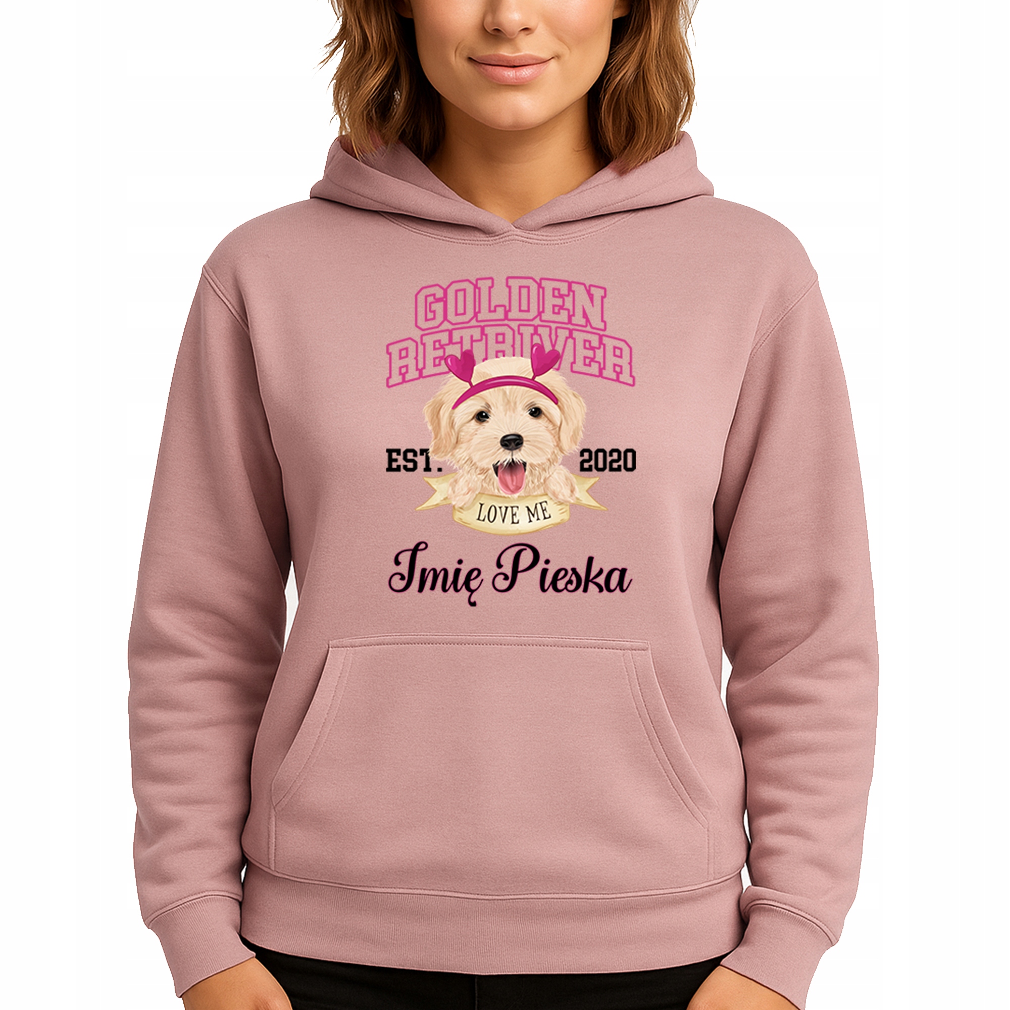 Mikina S Kapucí Růžová bavlněná mikina Golden Retriver Jméno pejska S