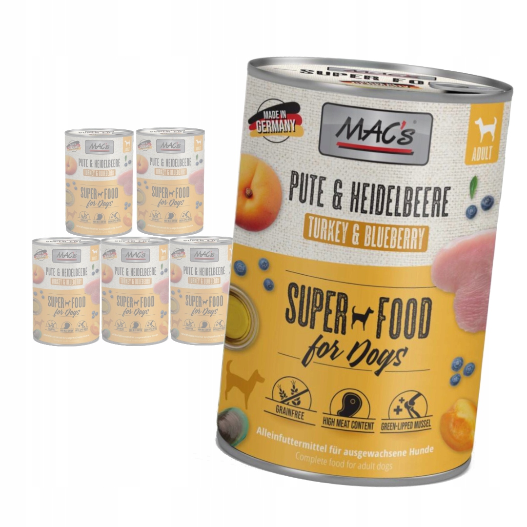 Levně MAC's Dog Bezobilné Vlhké Krmivo pro psy s krůtím masem a borůvkami 6x400 g