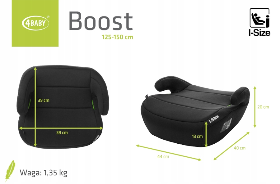 4 BABY Fotelik BOOST 125-150cm BLACK I-SIZE Rozmiar 22-36 kg