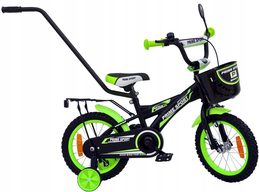 Rower dziecięcy 14 cali Prime Bmx Sport BLACK/Green Półmat Premium +dodatki