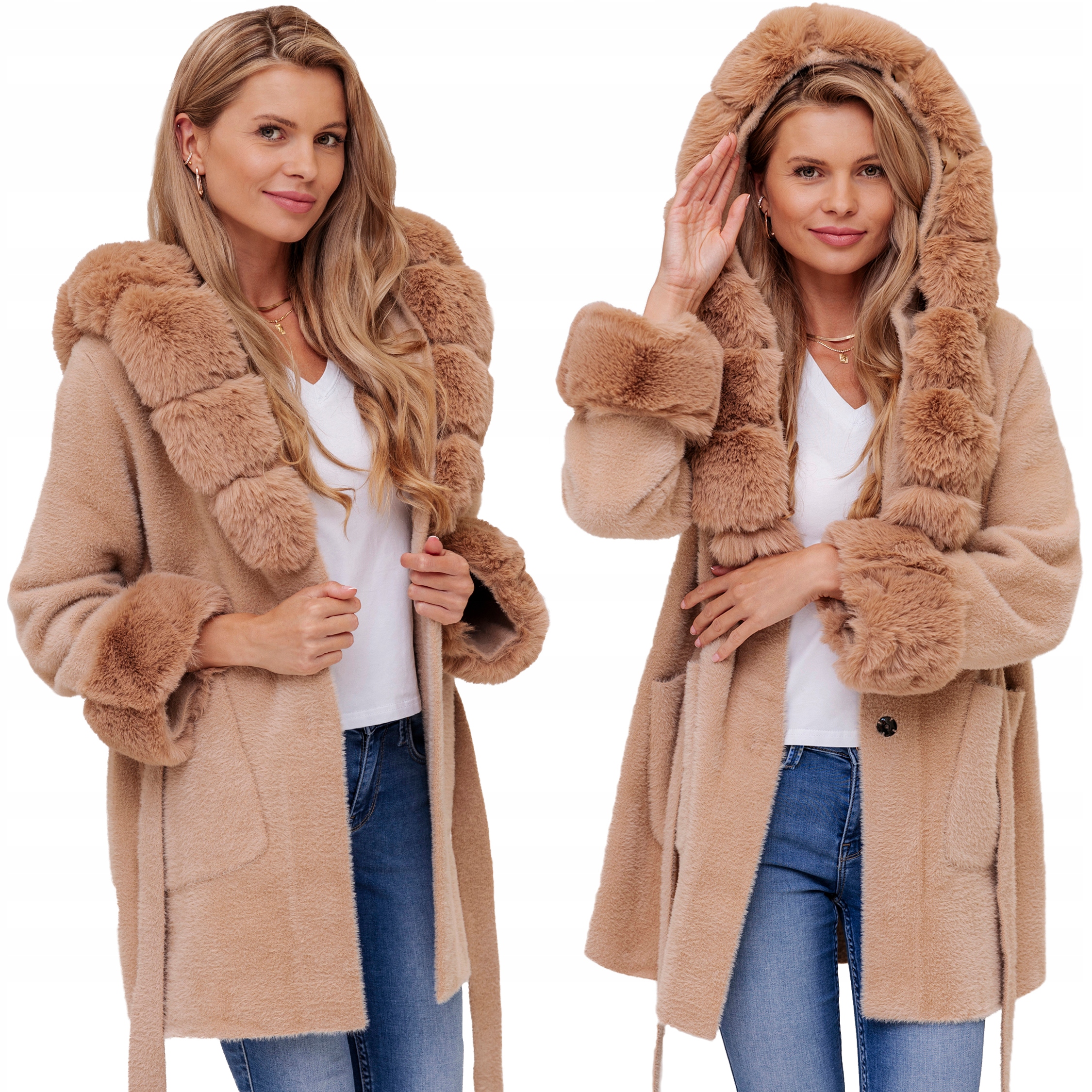 Bella Měkký Kabát S Páskem S Kapucí Alpaka S Kožíškem Alpaki