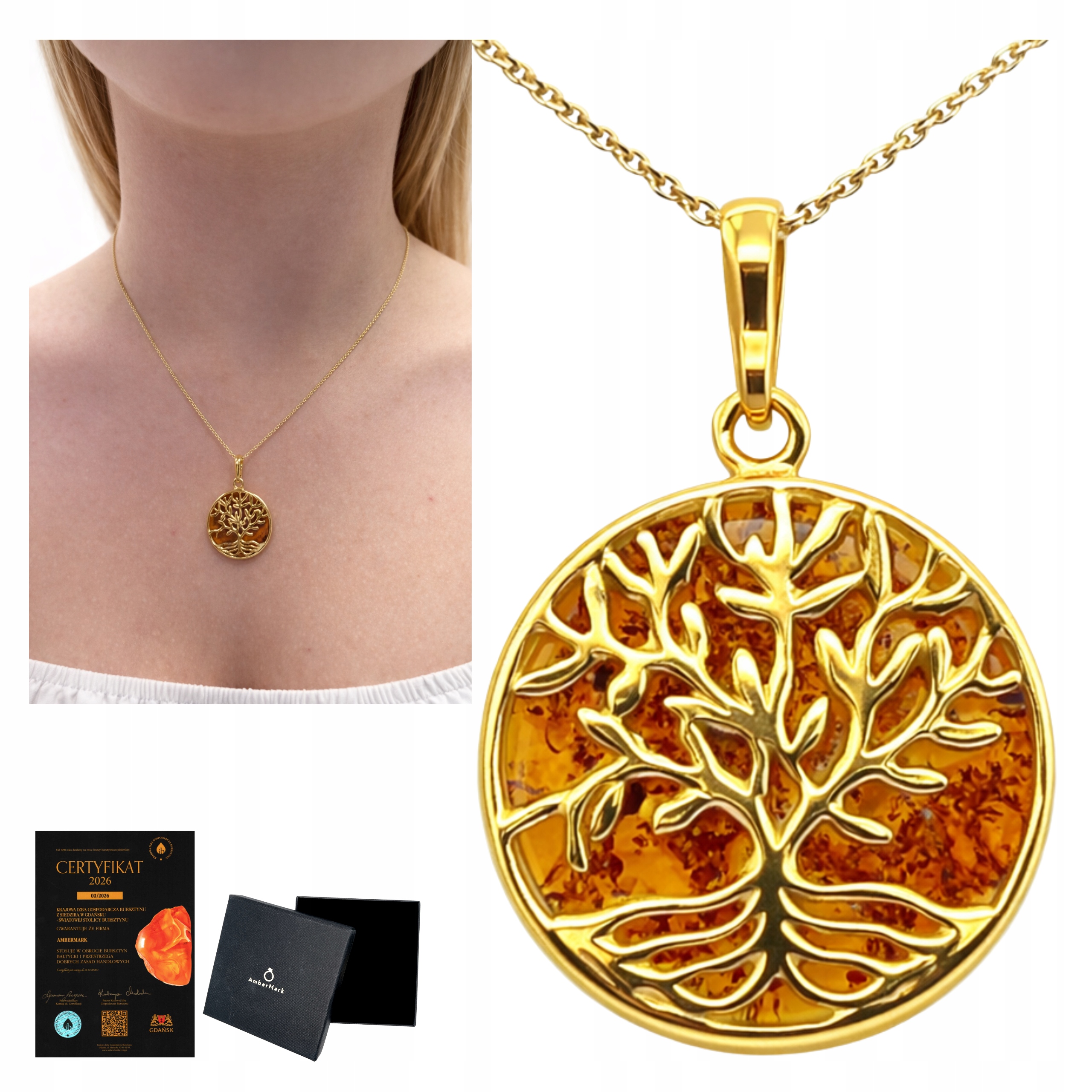 Jantarový přívěsek pozlacený stříbrným přívěsek strom štěstí stříbro 925