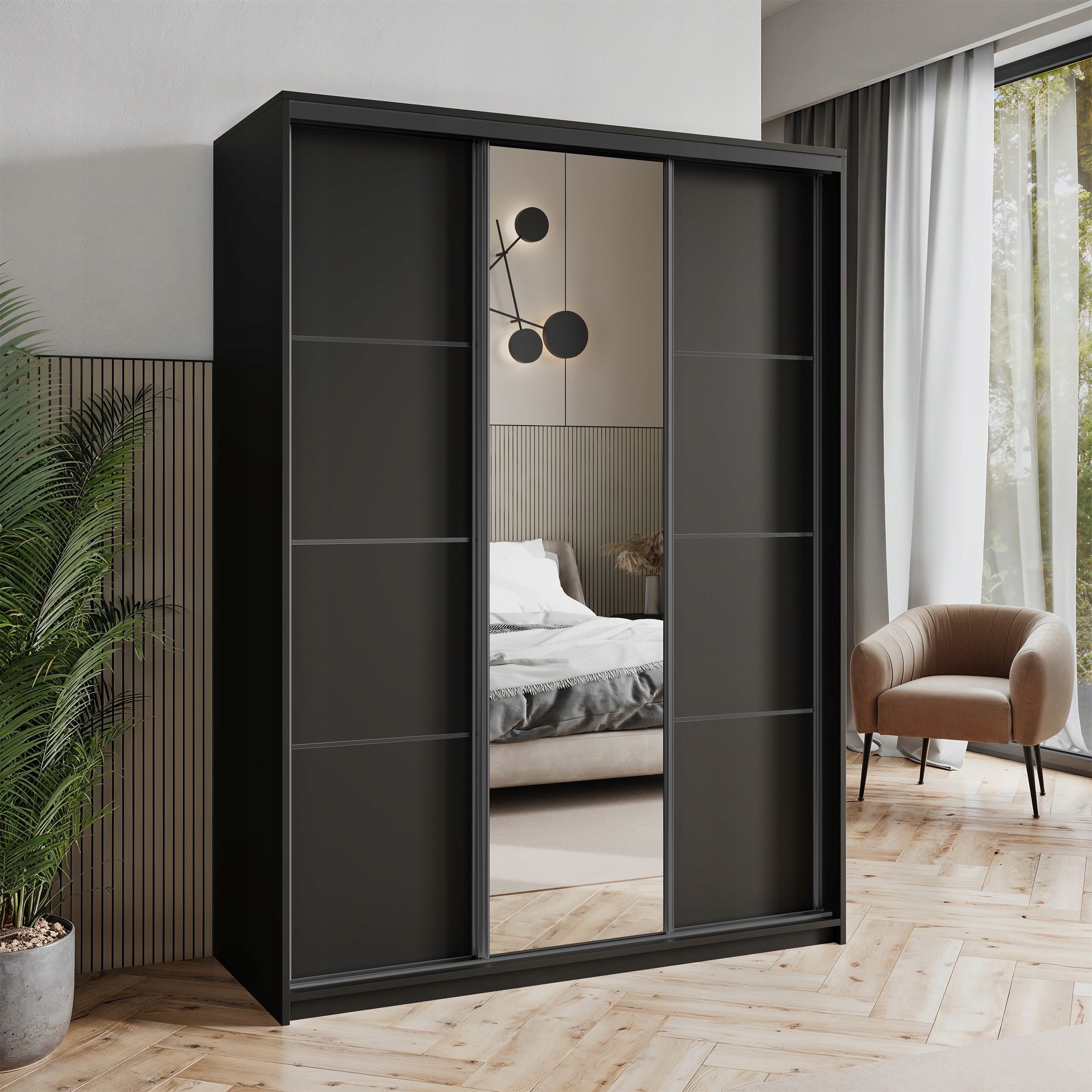 Skříň Třídveřová Varo 150 cm se zrcadlem Zásuvky Černá Černá