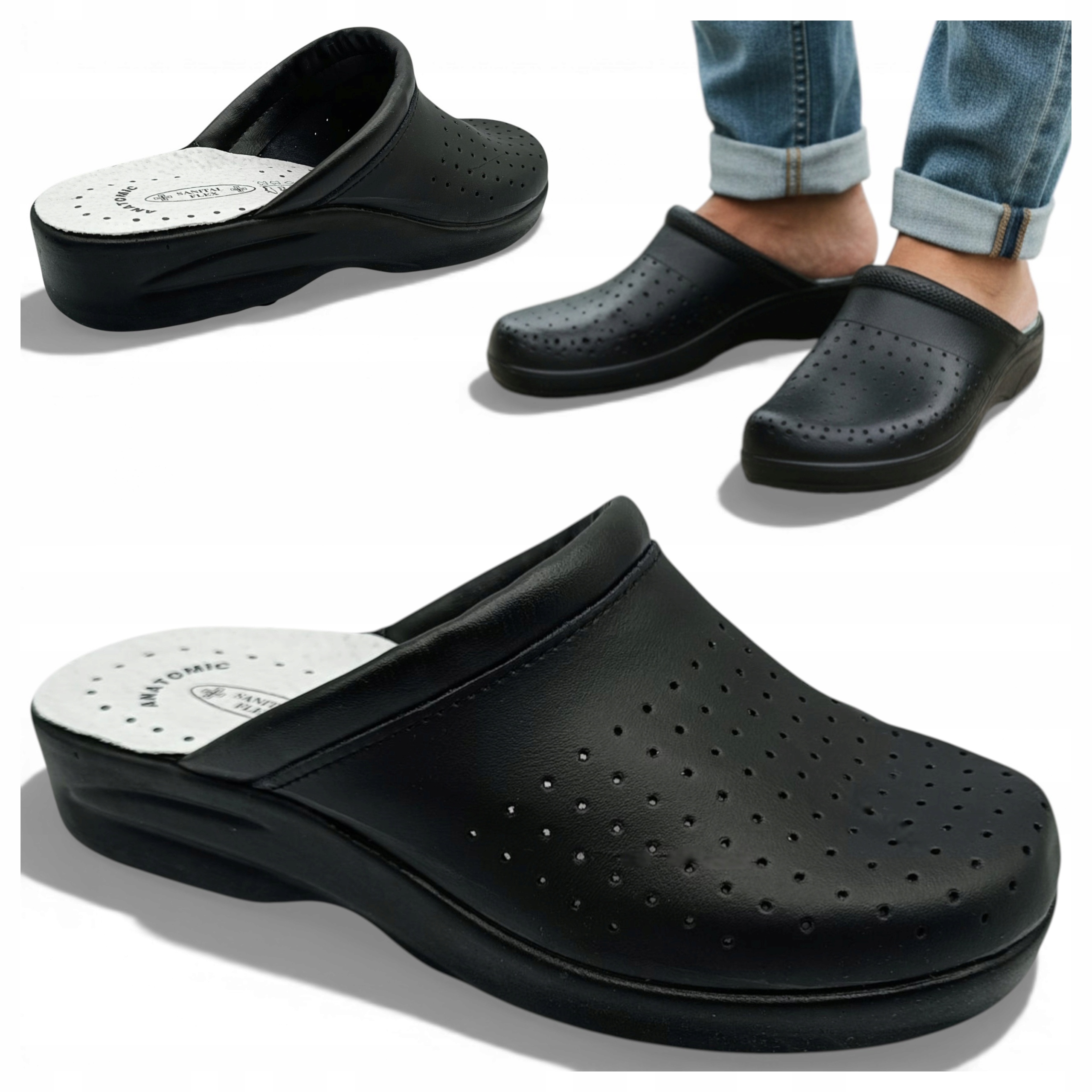 Klapki Męskie Medyczne Skórzane 46 Zdrowotne Sanitarne Profilowane Czarne