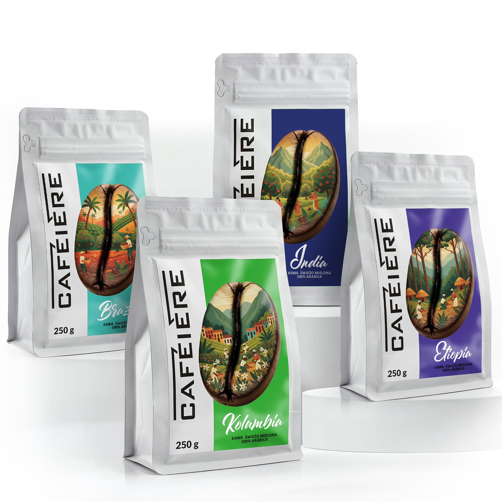 Kawa Mielona 1kg Brazylia Etiopia Kolumbia Indie 100% Arabica zestaw 4x250g