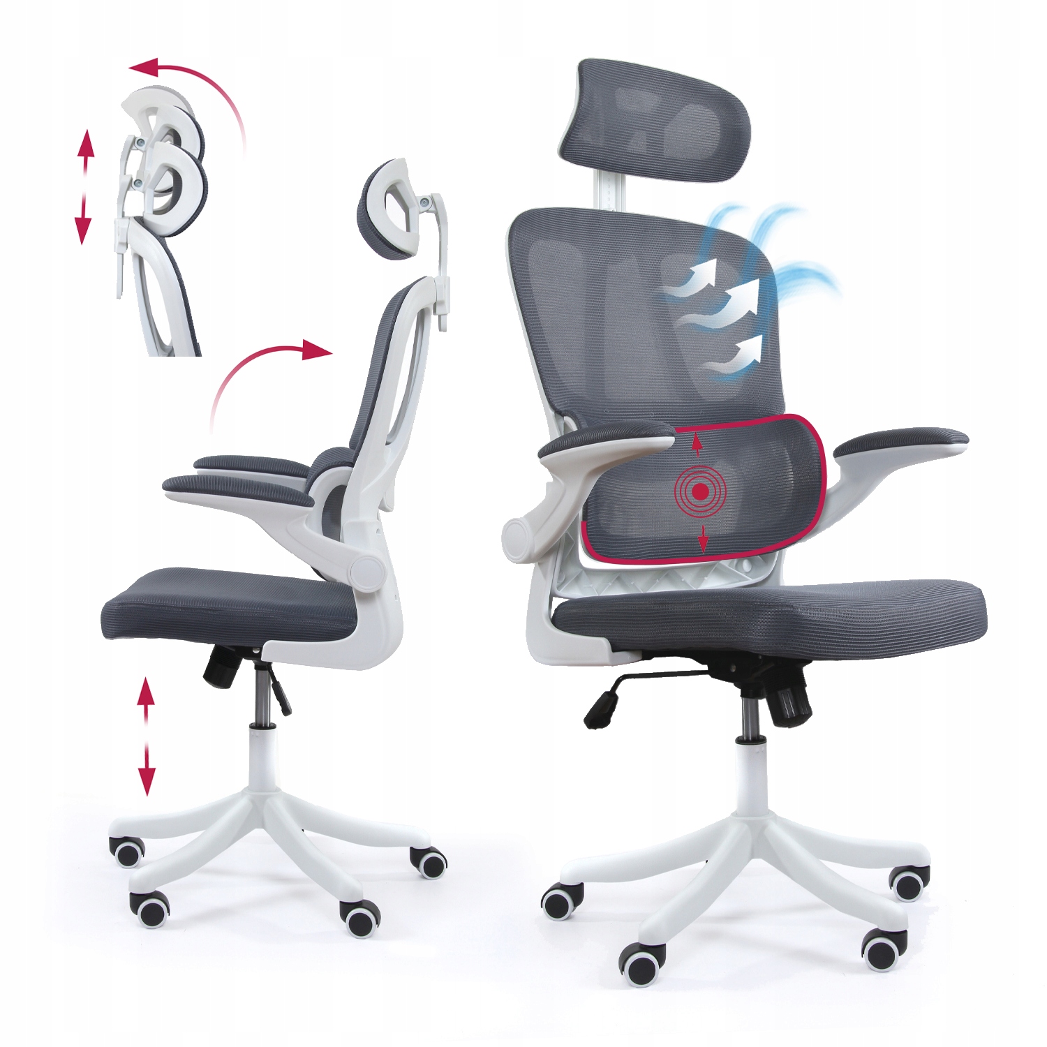 Fotel biurowy ergonomiczny z regulowanym podparciem lędźwiowym i zagłówkiem