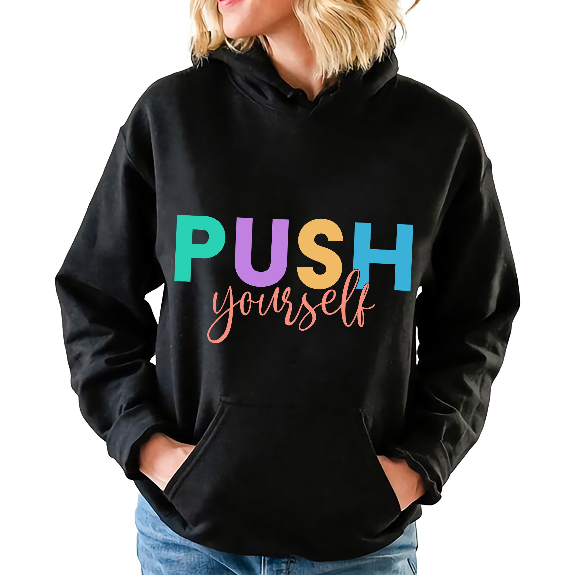 Černá mikina s kapucí Dárek pro ženy Push Yourself Velikost L