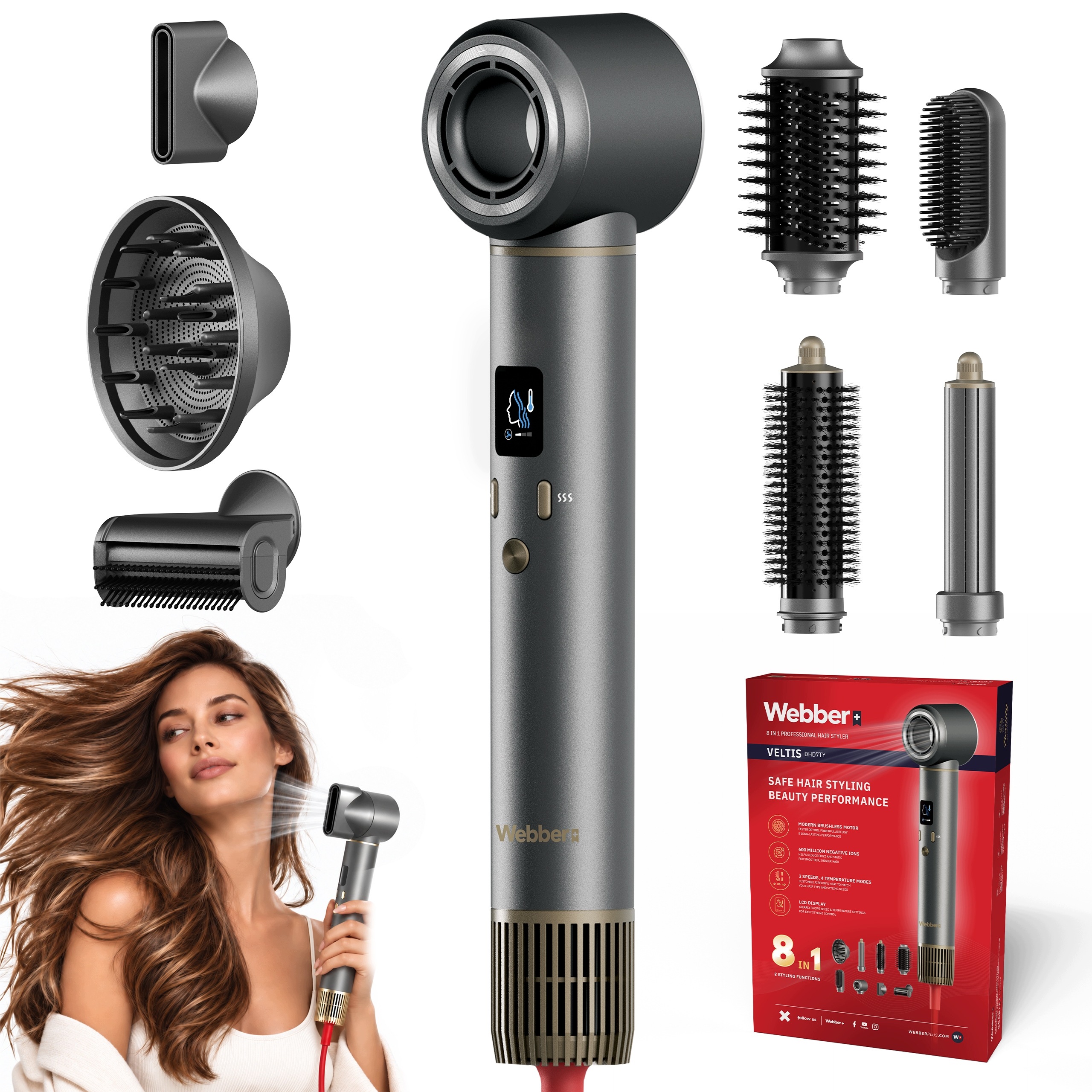 Vysoušeč vlasů 8v1 Webber DHD7 Ionizace Bldc Difuzér 1300W LCD